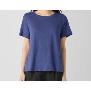 Eileen Fisher $128 Organic Linen Jersey Short Sleeve Crew Neck Tee Blue XS NEW